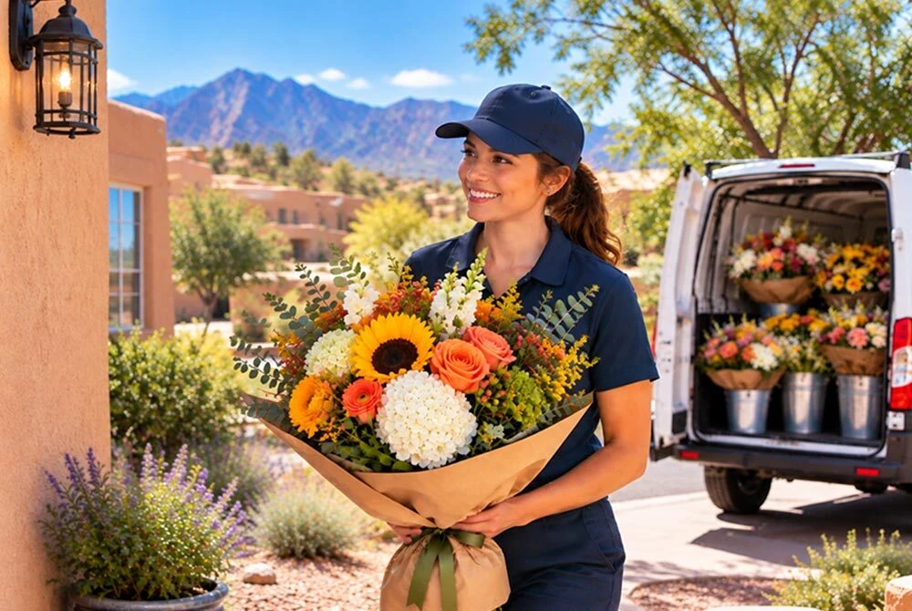Flower delivery woman holding an autumn bouquet of sunflowers, orange roses, and white blooms outside a Southwestern-style home in Taylor Ranch.