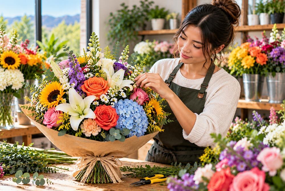 Florist carefully arranging a colorful bouquet of sunflowers, orange and pink roses, white lilies, blue hydrangeas, purple flowers, and fresh greenery at a flower shop workbench.