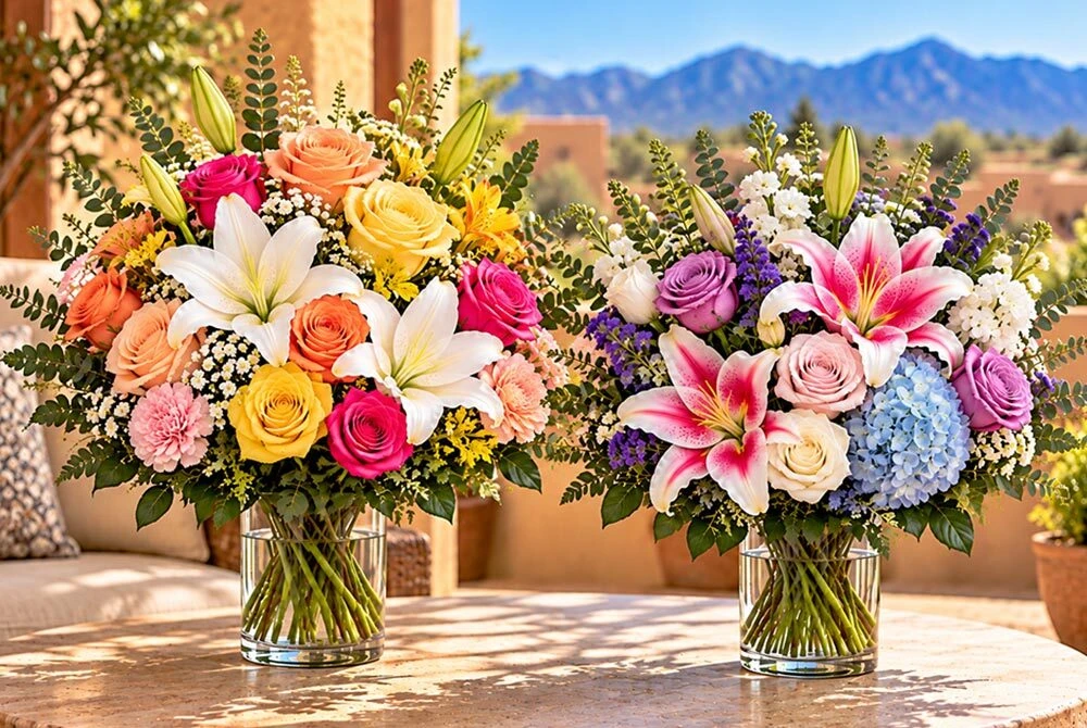 Two colorful flower arrangements featuring white lilies, pink roses, yellow roses, lavender roses, blue hydrangeas, and fresh greenery in glass vases on a sunny patio.