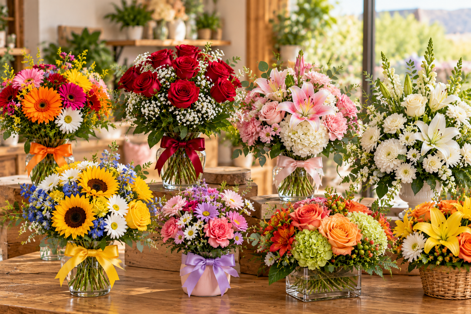 Realistic floral display showcasing a variety of arrangements for birthdays, anniversaries, sympathy, congratulations, thank-you gifts, and everyday occasions. The image features colorful roses, lilies, sunflowers, daisies, and mixed seasonal bouquets