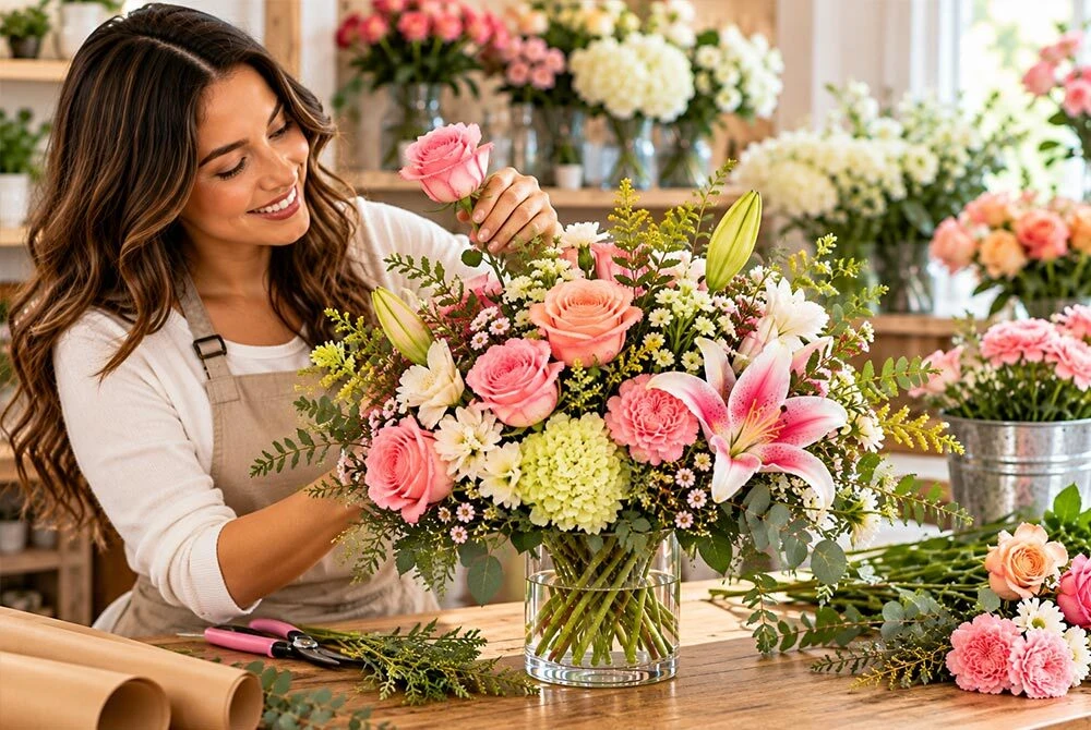 Florist handcrafting a custom bouquet of pink and peach roses, white lilies, pink carnations, and greenery in a glass vase at a flower shop worktable with floral tools and fresh flowers.