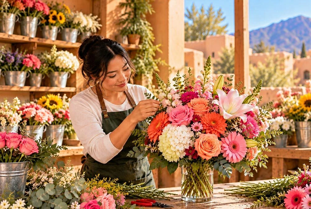 Asian florist arranging colorful roses, lilies, gerbera daisies, and seasonal flowers in a Southwestern-style flower shop.
