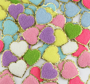 Glitter Gold Rim Chenille Heart Patch, Chenille Embroidered Heart Patch Glitter Gold Rim Chenille Heart Patch, Chenille Embroidered Heart Patch