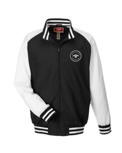 Anishinaabe Nylon Jacket with Striped Rib Trim, Thunderbird Unisex Jacket Anishinaabe Nylon Jacket with Striped Rib Trim, Thunderbird Unisex Jacket