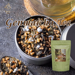 A round silver tin is filled with Genmaicha, a Japanese green tea blended with roasted brown rice and popped kernels.