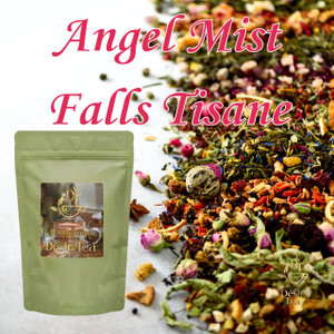 Exquisite fruit and flower tisane blend displayed next to a bag of Desir Tea Angel Falls Mist Tea.