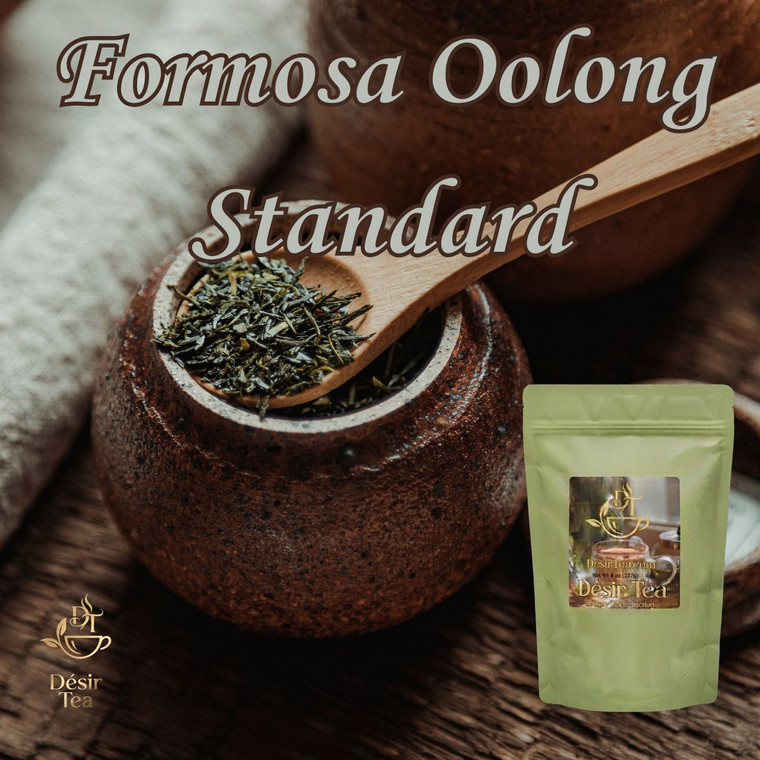 A rustic ceramic jar filled with traditional oolong leaves sits next to a branded green product pouch.