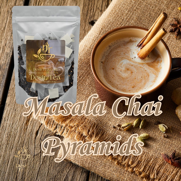 Spiced black tea pyramid sachets set beside a warm mug of milky chai surrounded by whole aromatic spices and sticks.