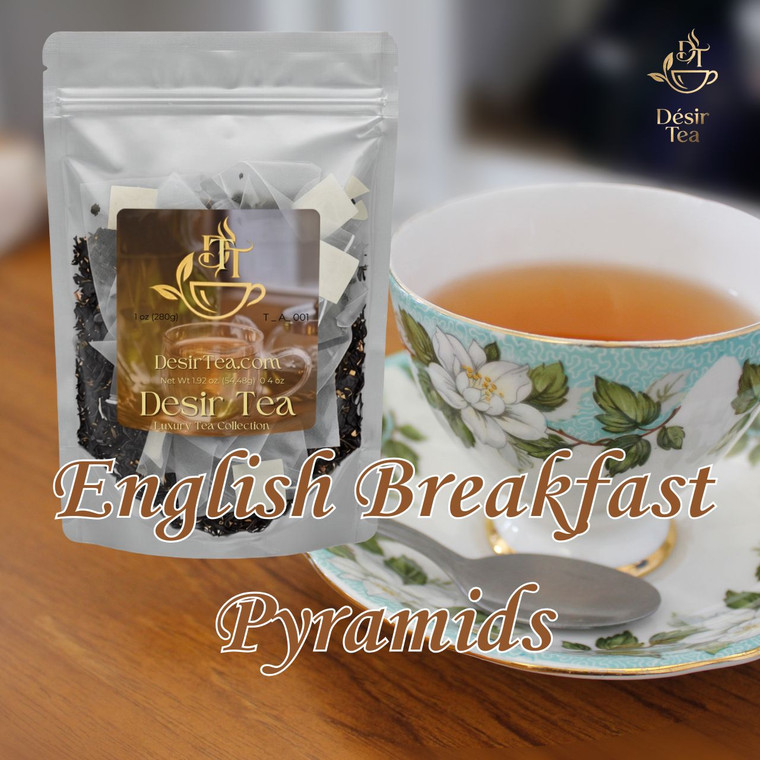 A rich brew in a ceramic teacup accompanied by pyramid sachets and loose leaves scattered across a rustic wooden tabletop.