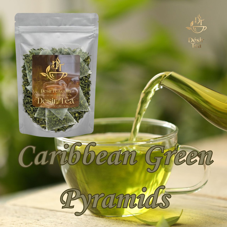 Tropical green pyramid sachets arranged next to a steaming glass mug infused with exotic fruits on a wooden table.