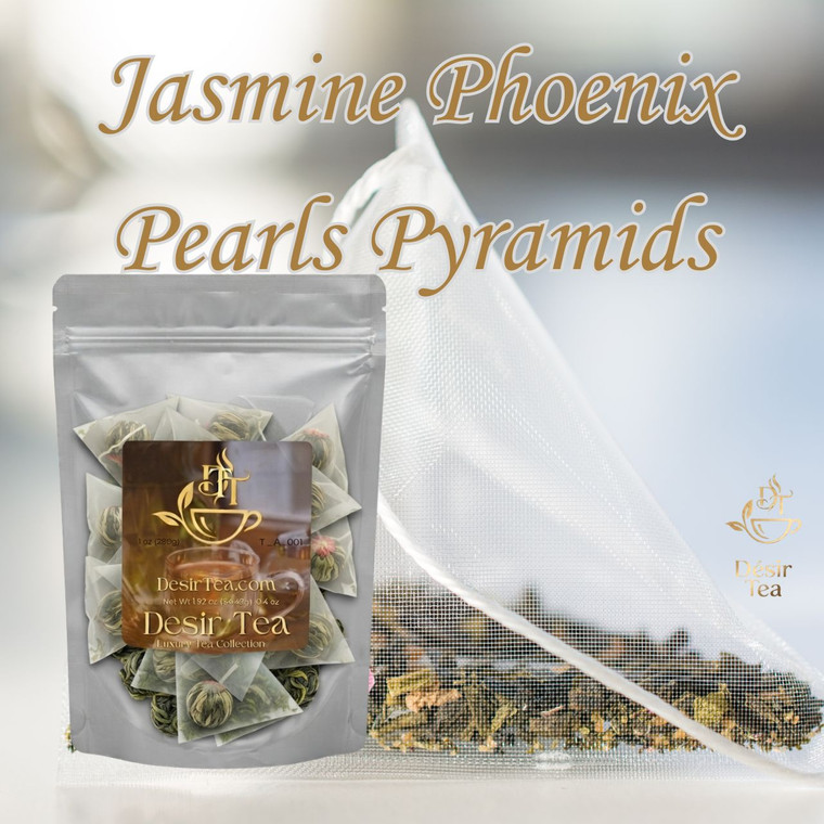 Delicate hand-rolled green tea pearls resting in a ceramic bowl beside a branded pouch on a rustic wooden table.
