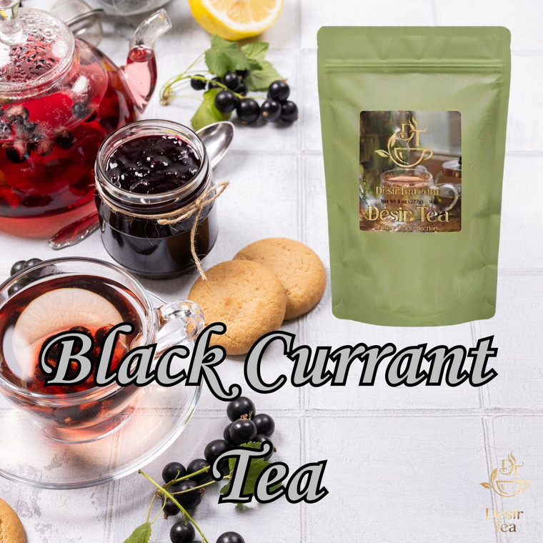Desir Tea Black Currant Tea next to a glass cup of red tea, fresh black currants, a jar, and cookies.