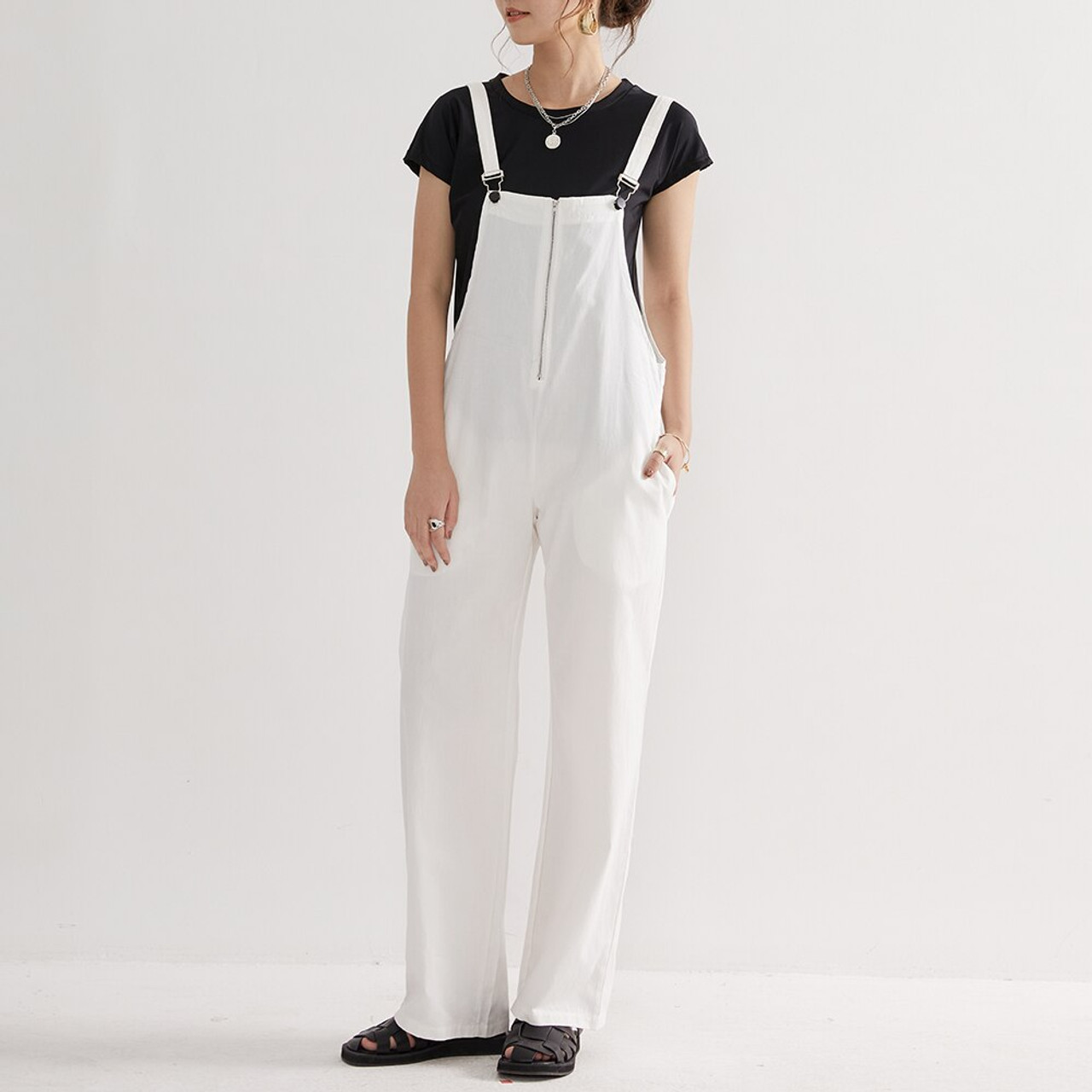 Olivia Mark – Wide Leg Bootcut Suspender Jumpsuit with Shirring – Olivia  Mark