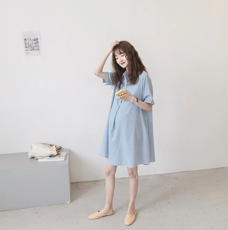 V-Neck Button Up Loose Maternity Dress