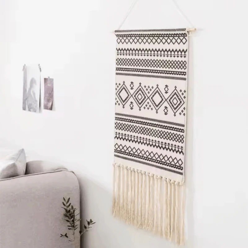 Boho Home decoration Geometric Bohemian Tapestry Wall decor aesthetic room Tassel Macrame Hanging Art Woven Cotton Handmade Linen Tapestries in black with multi cream