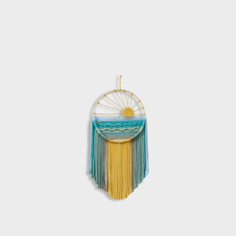Boho Bohemian Hand Woven Macrame Sun Wall Decor Hanging Tapestry Sunrise Sunset Wall Art, Tapestries Colorful Bedroom Living Room wall-decor in yellow multi color with round wooden frame depicting a setting sun