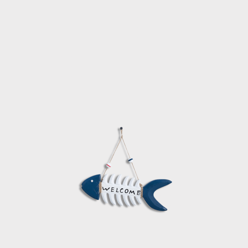 Indoor Outdoor Garden New England USA American Mediterranean pastel Colored Nautical Theme Decorative Wooden Fish Bones WELCOME Letter message Wall Hanging White Blue Ocean Style Theme Party Fish Walls Decor in multi blue with white