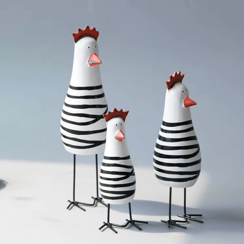 Indoor Outdoor Garden New England USA American Mediterranean 3pcs Set Wooden Cartoon Chicken Ornament, chickens family Animal Wood Carving Gift, Cute Handmade Desktop Decoration, Birthday Gift Figurines Home Desk Decor Graduation Home Decoration Hotel Room Figurine decorative object The Best Gift for Adult Teenagers in white, with black multi color