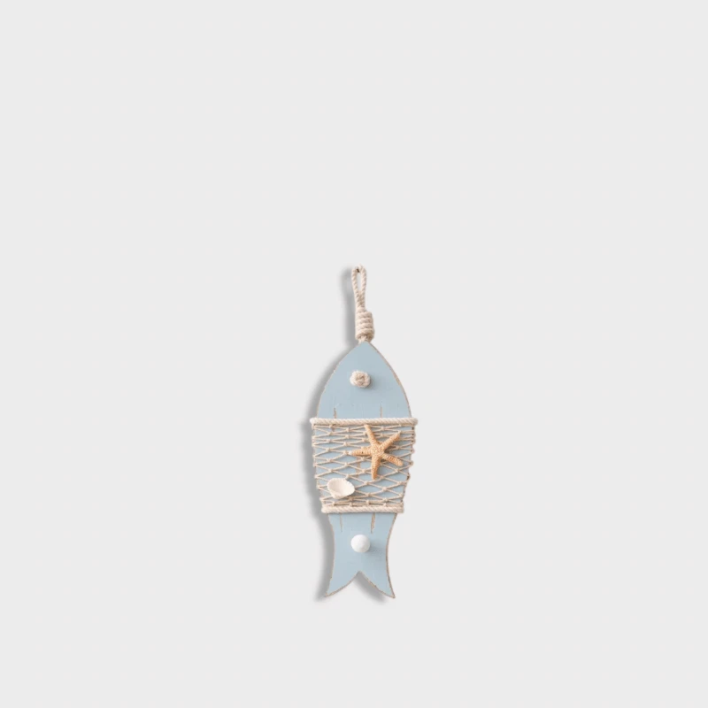 Indoor Outdoor Garden Nautical Themed Entryway reception Wooden fish with starfish netting Hanging Coastal Beach marine Pendants for Sea Life Ocean Home Wall Decor Fishnet Ornament decoration Party Gift Office in light blue with multi color