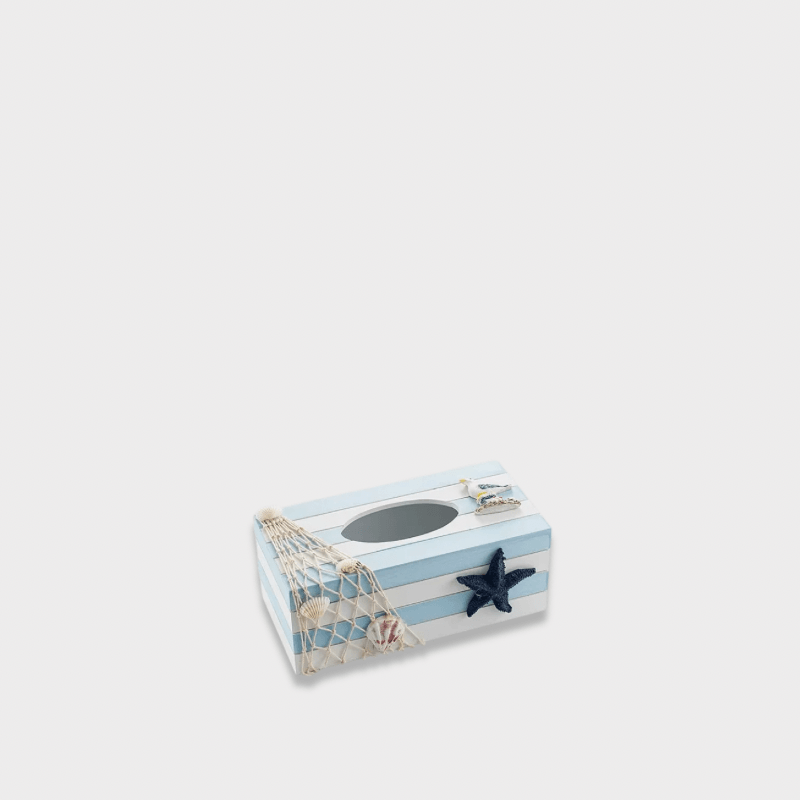 Indoor Outdoor Garden Nautical Themed Entryway reception Wooden Light Blue white, with netting, rope, seagull, dark blue starfish, seashells Coastal Beach marine for Sea Life Ocean Home Mediterranean Style Paper Tissue Box holder Creative Marina Bar Restaurant cafe Storage Organizer Tissue Boxes Home Decor in pastel color