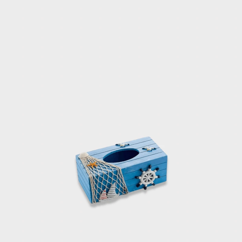 Indoor Outdoor Garden Nautical Themed Entryway reception Wooden Blue, with white black steering rudder wheel, netting, seagulls birds, seashells, starfish, Coastal Beach marine for Sea Life Ocean Home Mediterranean Style Paper Tissue Box holder Creative Marina Bar Indoor Outdoor Garden Nautical Themed Entryway reception Wooden cafe Storage Organizer Tissue Boxes Home Decor in pastel color