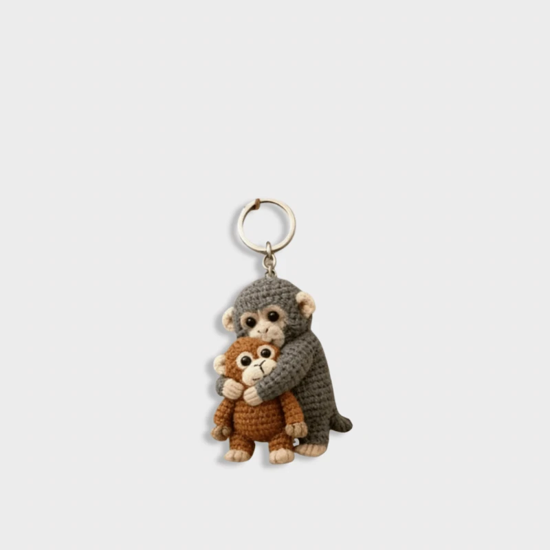 Japanese kawaii orphan Punch the macaque from the Ichikawa City Zoo in Japan with orangutan plush doll Monkey Design Series Keyring charm For Backpack Purse Keys Cute Handmade Crochet Punch Monkey Keychain 3D Keyrings Charms in dark gray grey orange brown