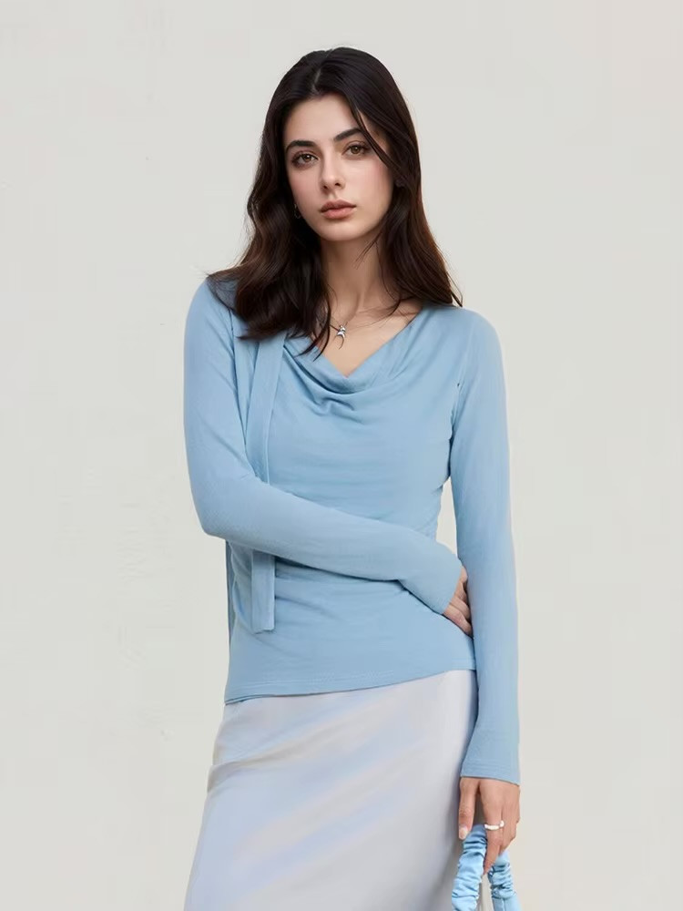 Women’s woman womens petite-, tall-, plus-, size Wool Cotton Blend, Dropped Collar, Elegant Ribbon long sleeves scoop neck T-Shirt, Tee, Spring Summer holiday vacation getaway Solid Chic Tops, T-Shirts in light blue