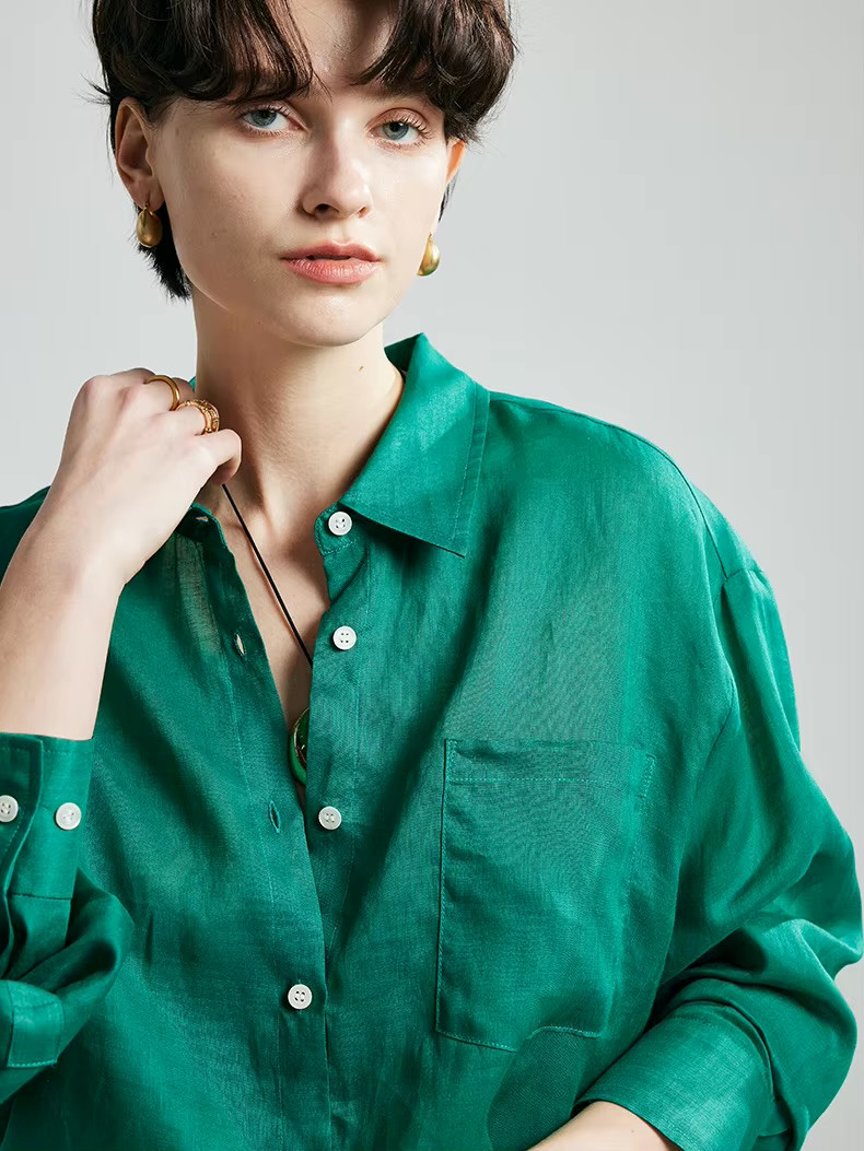 Women’s woman womens petite-, plus-, size Solid holiday vacation getaway Shirts, 100% Ramie linen Crepe, Long Sleeves, Chest Pocket Chic green Blouses, Spring Summer wfh Office commute workwear Lady Tops