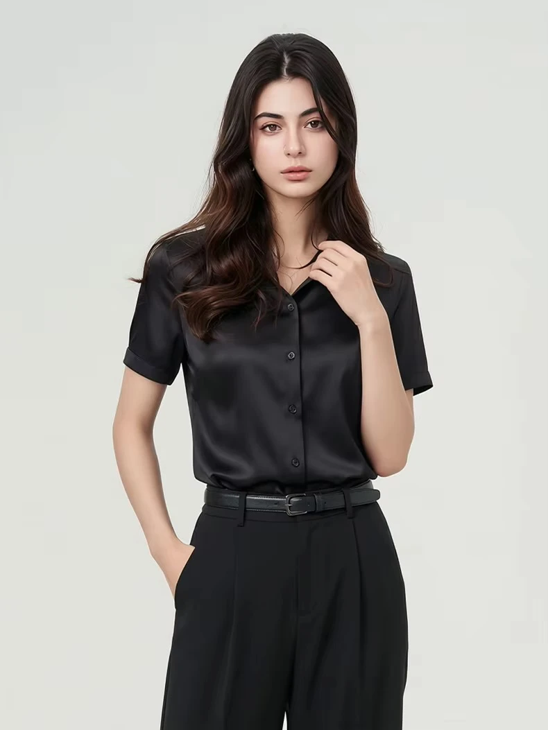 Women’s woman womens petite-, tall-, plus-, size Summer solid color Mulberry Silk short sleeves luxury plain blouse casual wfh commute workwear Shirt Tops in black