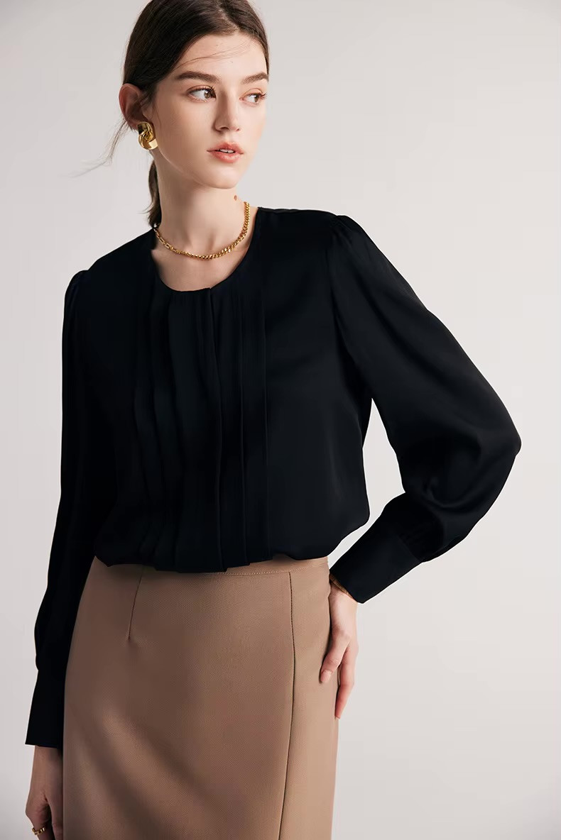 Women’s woman womens petite-, plus-, size Solid holiday vacation getaway Shirts, Mulberry silk, Long Sleeves, pleated round O-neck crewneck Chic black Blouses, Spring Summer wfh Office commute workwear Lady pleats Tops