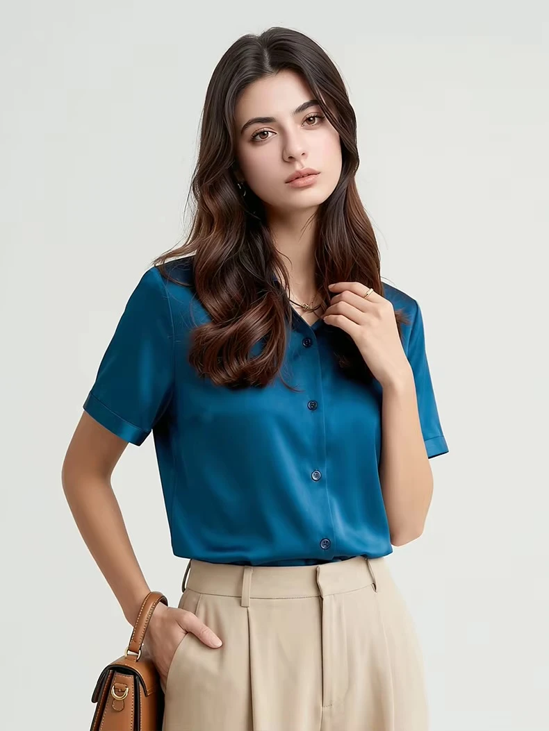 Women’s woman womens petite-, tall-, plus-, size Summer solid color Mulberry Silk short sleeves luxury plain blouse casual wfh commute workwear Shirt Tops in Malachite Blue