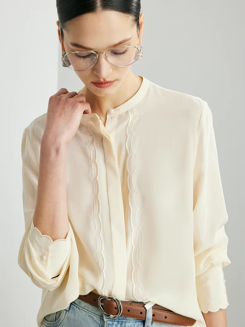Women’s woman womens petite-, tall-, plus-, size 100% Mulberry Silk, Long Sleeves, pleated round O-neck crewneck Chic Beige Blouses, Spring Summer wfh Office commute workwear Lady pleats Tops