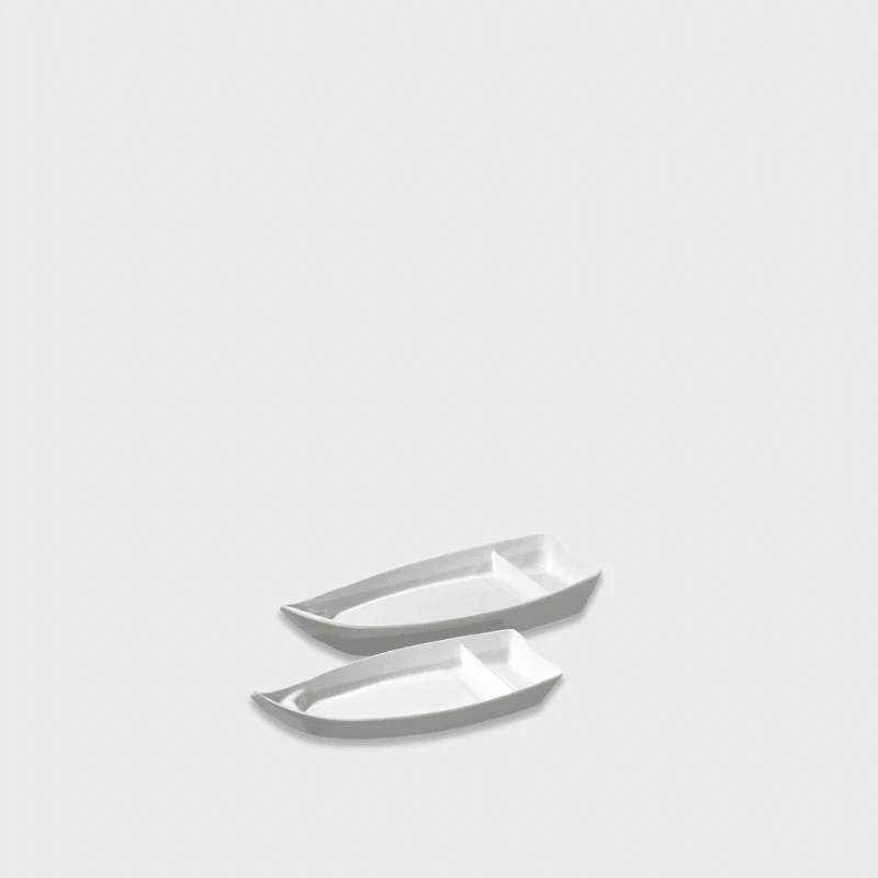 Creative Japanese Melamine Cuisine Dish Snack Dessert Sushi Sashimi Boat with dipping sauce bowl area Tabletop and bar serveware Tray Hotel Kitchen Food Seafood Plates in white