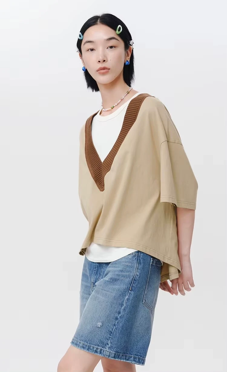 Women’s woman womens petite-, tall-, plus-, size Short Sleeves Spring Summer Contrast Collar Design Drop-shoulder Pure Cotton V-Neck T-Shirt  Tops Tees in Khaki, with brown trim