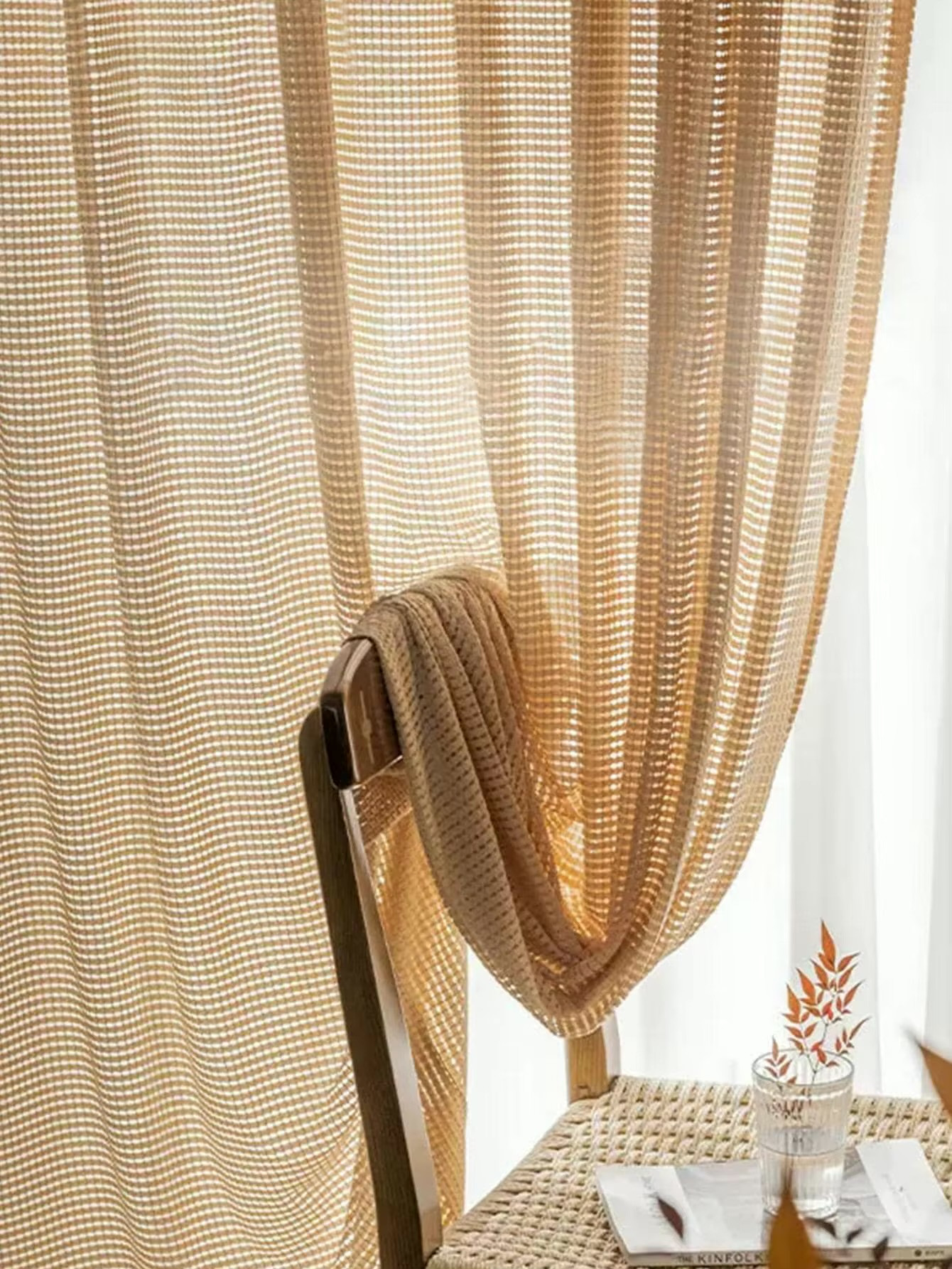 Office home vacation beach property patio gazebo boho bohemian high quality Japanese cotton and linen inset style hollowed out light luxury balcony, bedroom, window screen fabric curtain window panel drape curtains in beige brown with tag tie top
