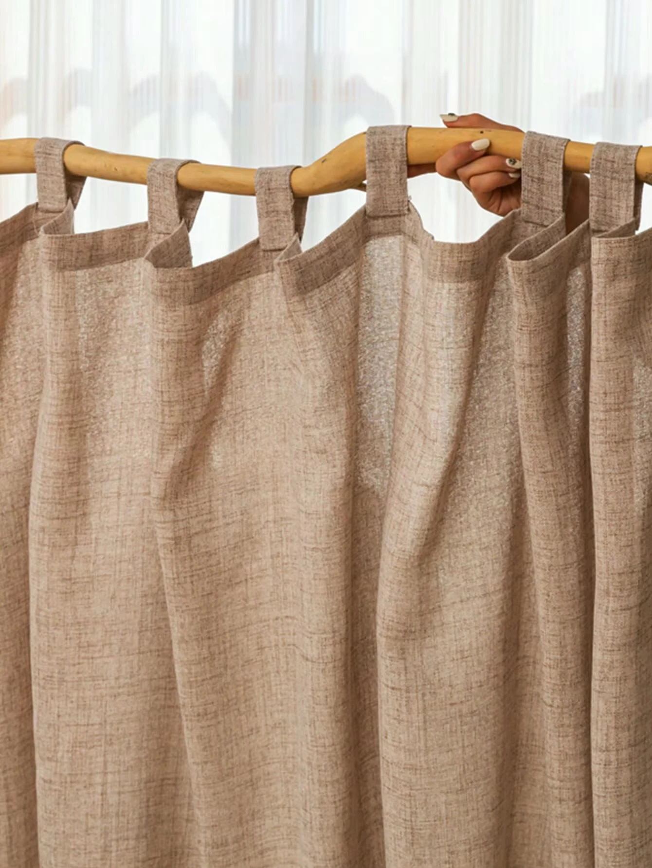 Office home vacation beach property patio gazebo Japanese boho bohemian cotton and linen textured natural wood and linen gauze sling curtain window panel drape curtains in khaki beige light brown with sling hanging types
