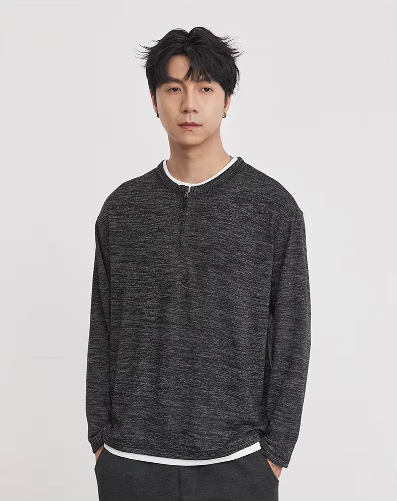 Men’s man mens petite-, tall-, plus-, size 260g Heavyweight Half Zip Fake Two-Piece Crew Neck round O-neck Henry Collar Spring Summer Fall Autumn Texture Soft Long Sleeve Casual Commute Fashion crewneck Top T-shirts in black with white