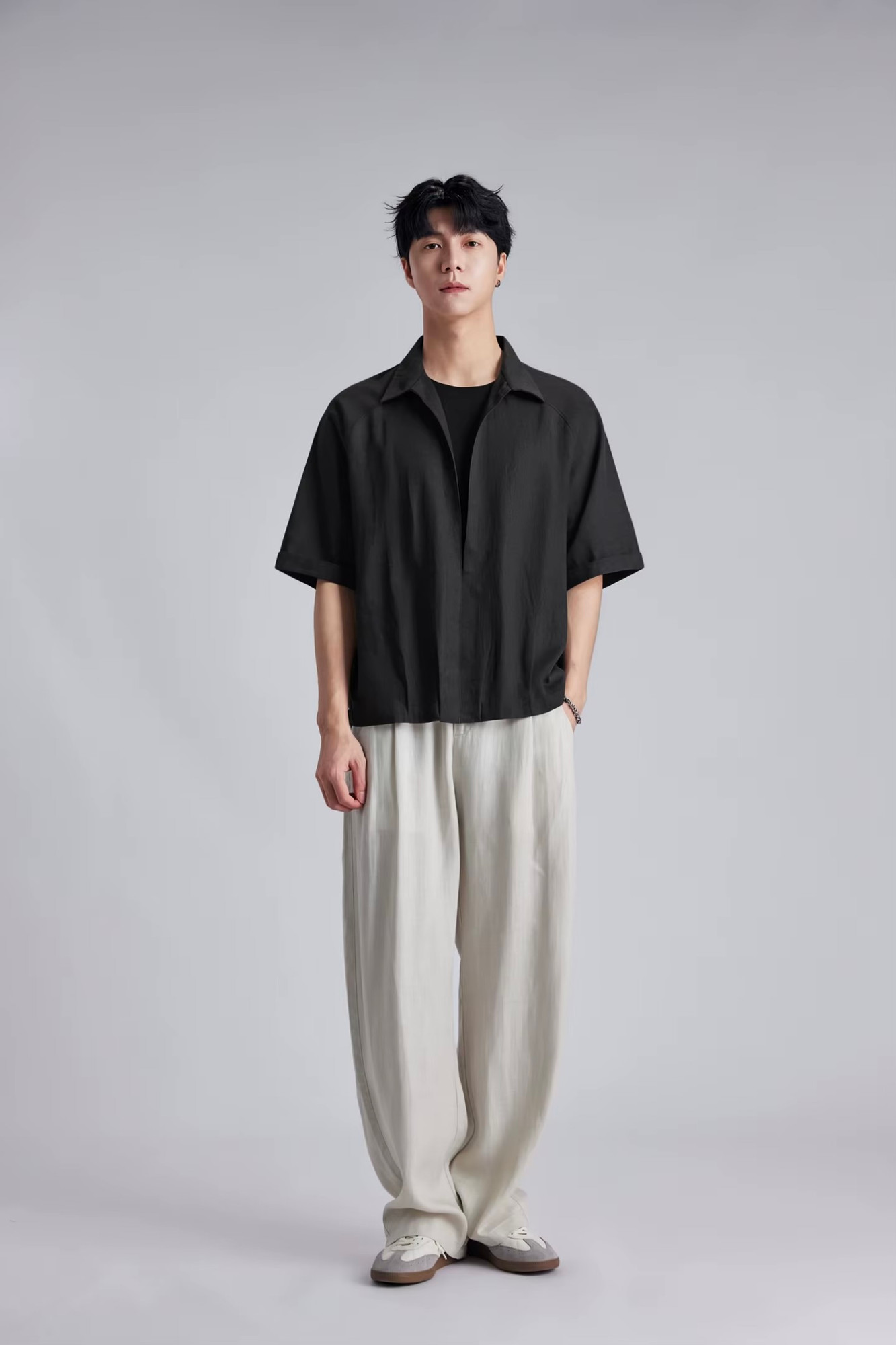 Men’s man mens petite-, tall-, plus-, size Lyocell cotton Fake Two-Piece Summer Raglan Lapel Retro Casual Commuter Short half Sleeves with Drop Shoulder V-neck Commute Versatile Knit Commute Pullover Shirt Top Shirts in black