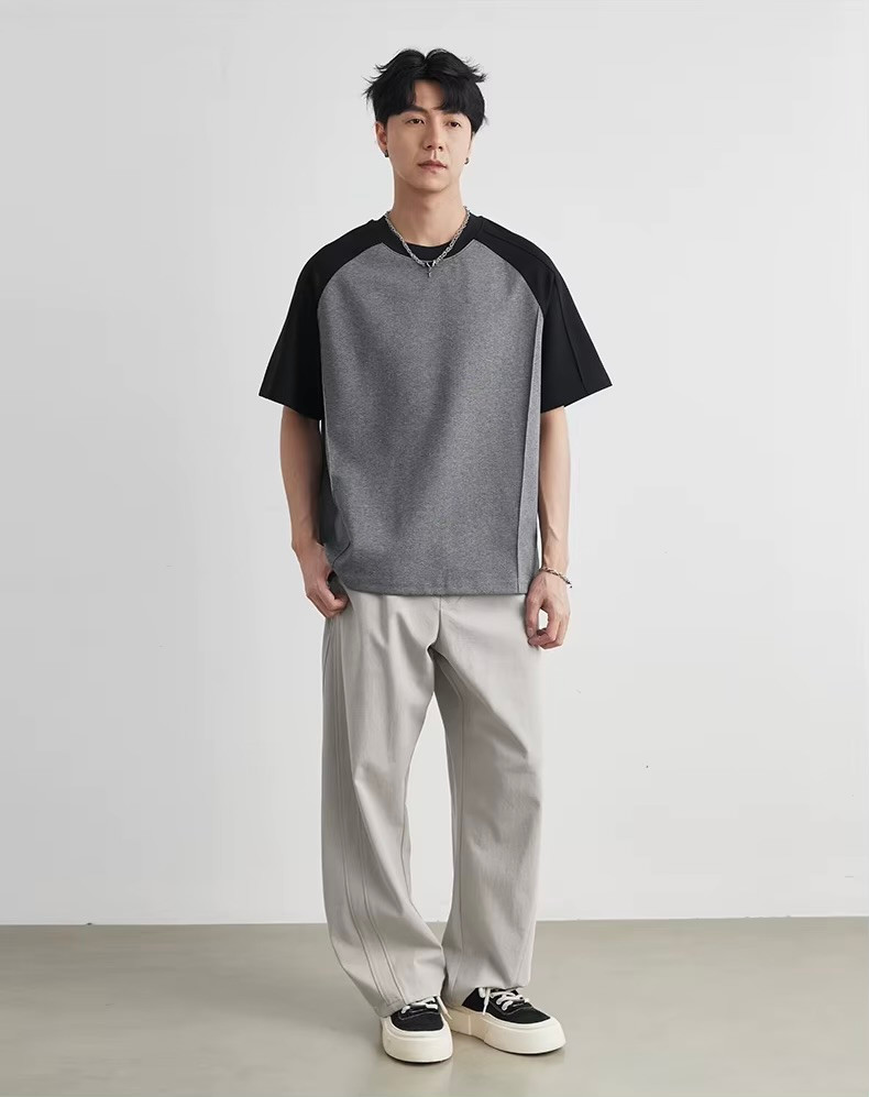 Men’s man mens petite-, tall-, plus-, size patchwork Color Block short half Raglan rib Sleeve Summer Textured Loose Casual Versatile City Boy Style T-Shirt Top T-Shirts in Gray grey, with black
