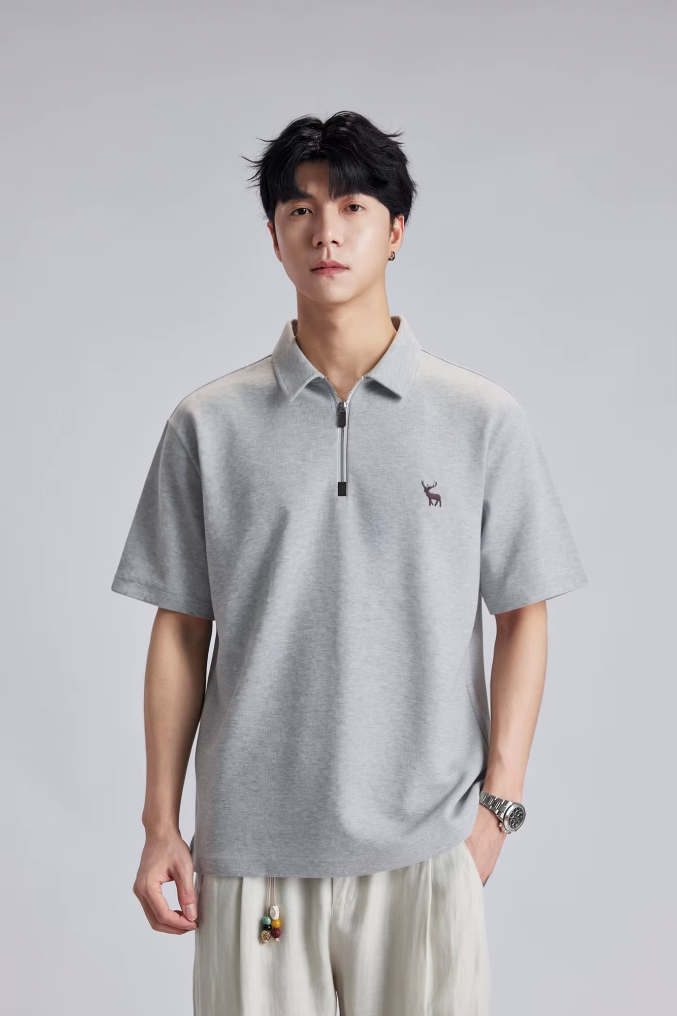 Men’s man mens petite-, tall-, plus-, size Minimalist Stag Deer Logo Embroidered Polo Shirt Summer Loose Half Zip Casual Commuter Short half Sleeve Daily Commute wfh workwear Polo Shirt Tee Top T-Shirts in Gray grey with brown accent color
