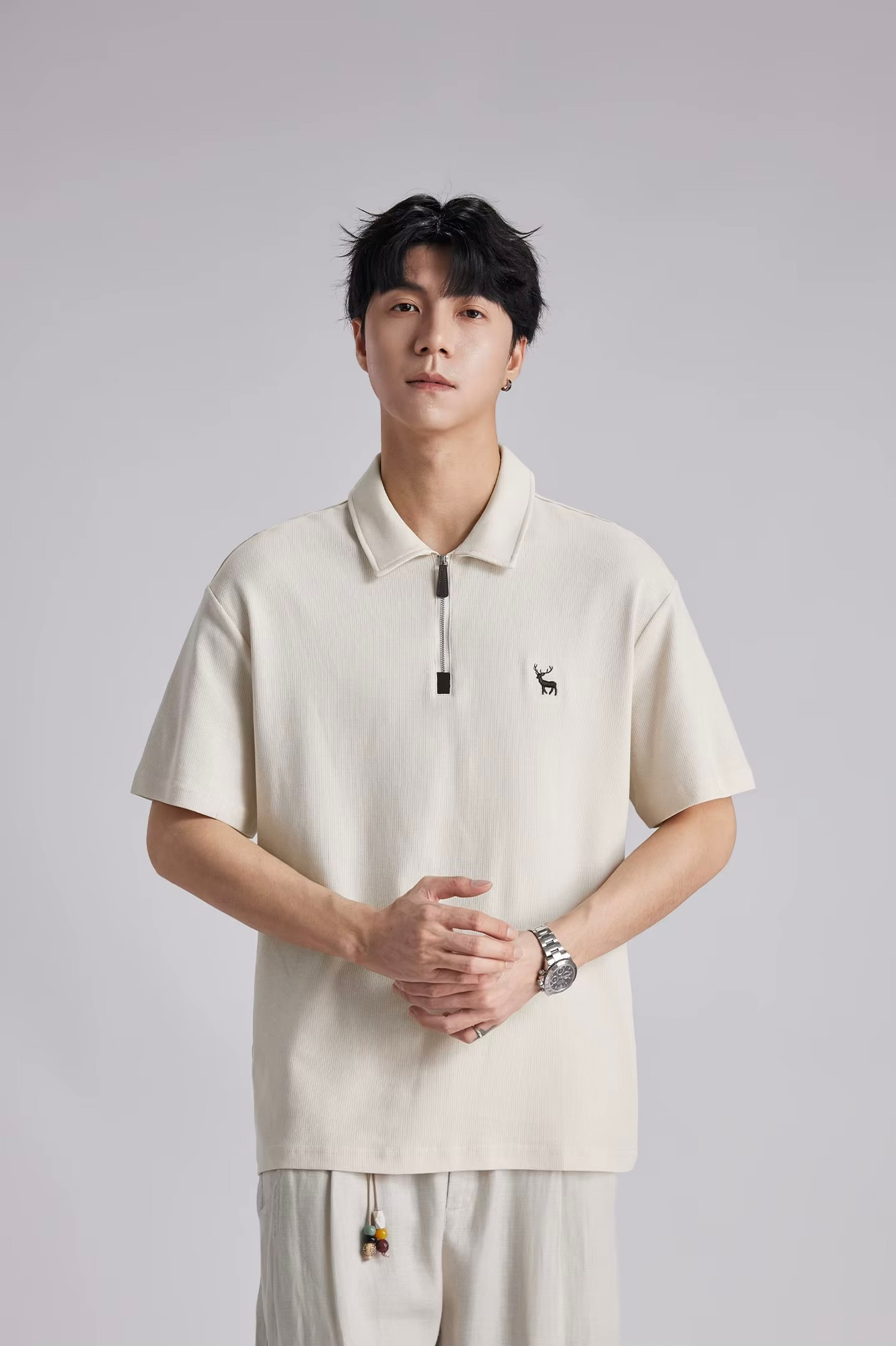 Men’s man mens petite-, tall-, plus-, size Minimalist Stag Deer Logo Embroidered Polo Shirt Summer Loose Half Zip Casual Commuter Short half Sleeve Daily Commute wfh workwear Polo Shirt Tee Top T-Shirts in apricot with brown accent color