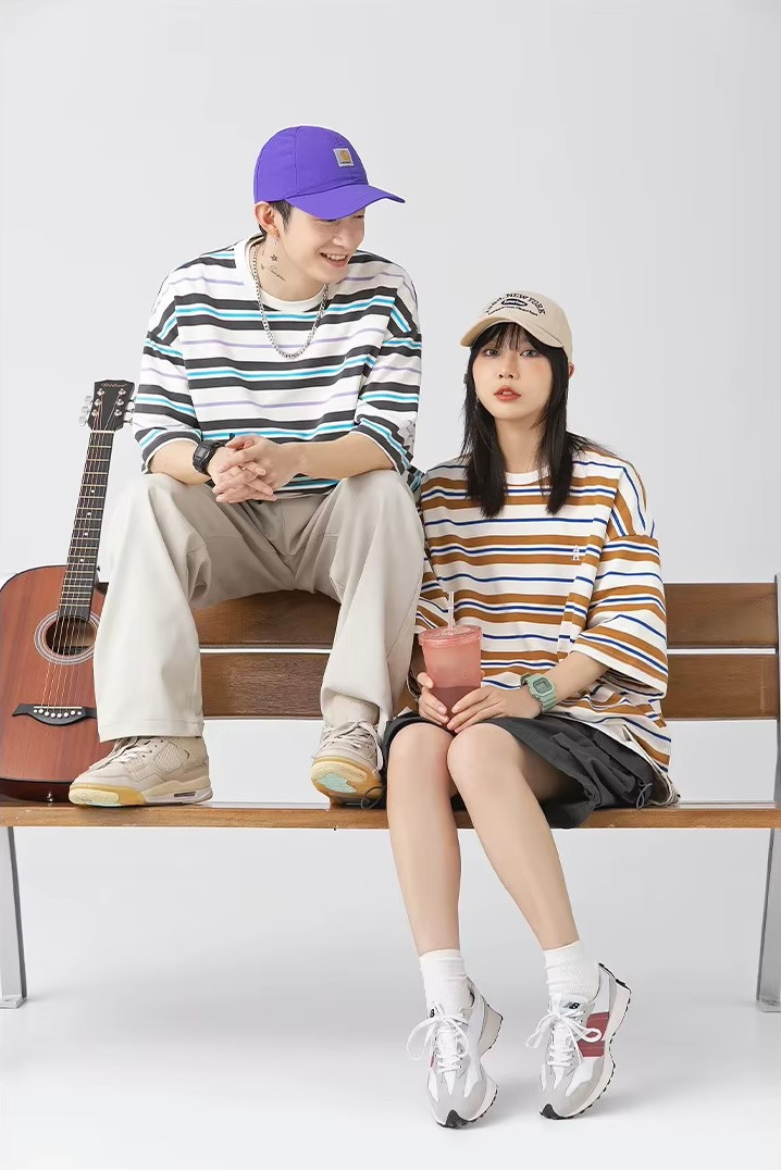 Men’s man mens petite-, tall-, plus-, size Japanese-style clothing. Trendy retro color-blocked striped loose-fitting versatile short half sleeves with drop shoulder embroidered graphic logo crewneck, Summer Crew Neck Loose Street Fashion Breathable embroidery round O-neck Casual Pullover T-Shirt Tops T-Shirts in green with multi accent color