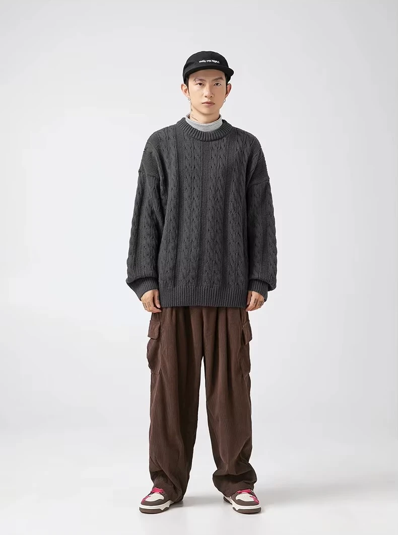 Women’s woman womens Men’s man mens Unisex Genflex Gender Neutral Genderfluid petite-, tall-, plus-, size vintage classic washed cable knit crewneck long sleeves with drop shoulder spring summer style, classic loose-fit casual round O-neck crew neck sweater Tops Sweaters in dark Gray grey