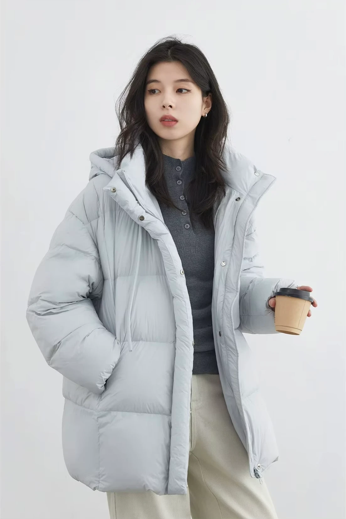 Women’s woman womens petite-, tall-, plus-, size Casual Fall Autumn Winter loose classic Vintage style Long Sleeves v-neck hooded pockets Female white duck down field Puffer Jacket trimmed evening Jackets coats in light sky blue