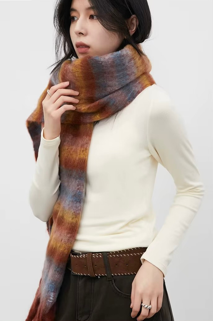 Women’s woman womens petite-, tall-, plus-, size office commute workwear alternate aesthetic luxury Casual Fall Autumn Winter cold weather accessory long striped tassel scarf weather Scarves accessories in orange with multi color contrast