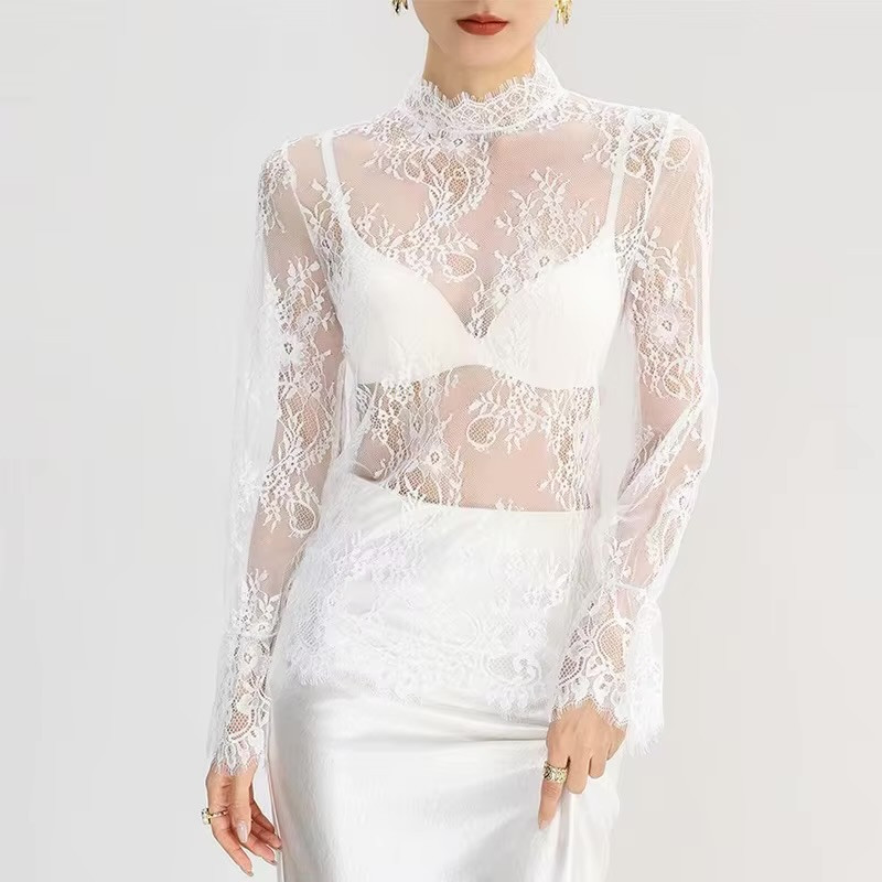 Women’s woman womens petite-, tall-, plus-, size Boho bohemian Casual Summer vacation holiday getaway loose Vintage Long Sleeves stand  O Neck Female Pullover blouse Spring Summer Autumn Fall crewneck Lace See-Through Top evening party bohemia tops in white