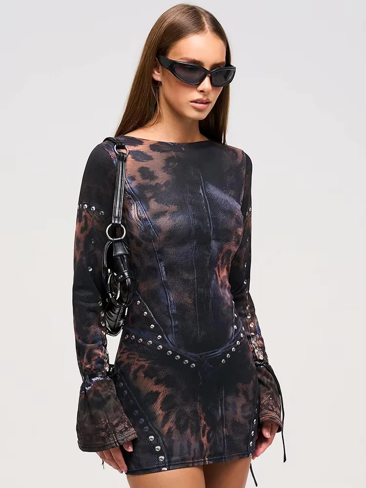 Women’s woman womens petite-, tall-, plus-, size Casual Summer vacation holiday getaway evening clubwear party wear Sexy boatneck H-Line leopard animal print long sleeves studded mini midi Dress Dresses in black with brown animal print patterned accent