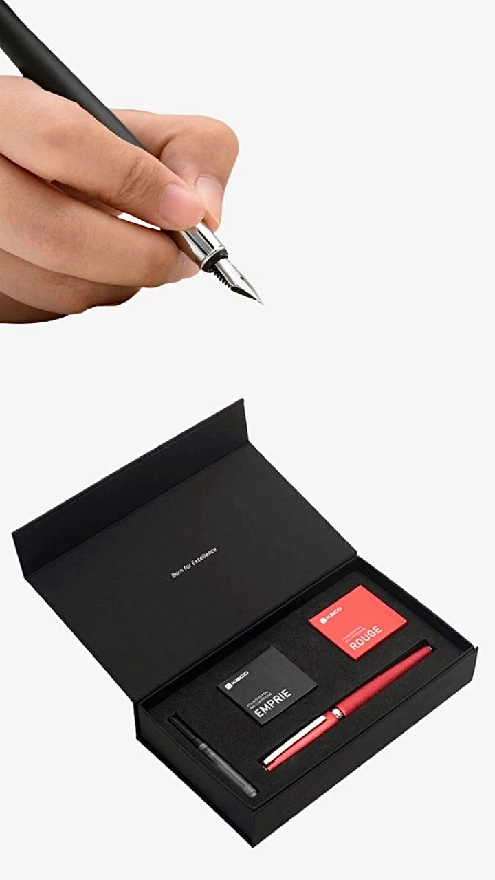 Kaco Balance Luxury Fountain Pen Gift Set with Ink Cartridge Metal Wire drawing Silver Clip F Nib 0.5mm  Business pens Office Supplies Trending in Black Blue Gray / Grey Red