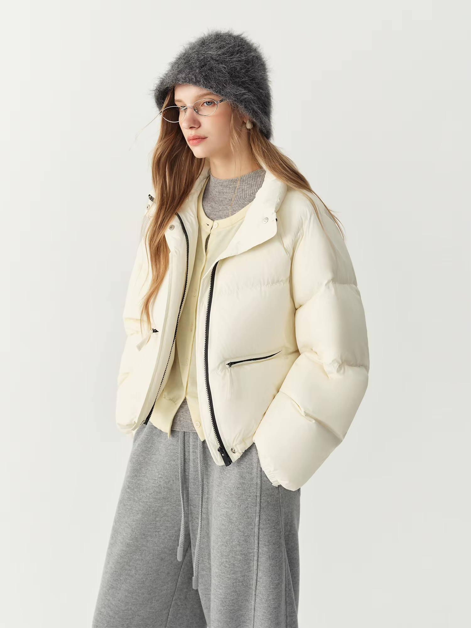 Women’s woman womens petite-, tall-, plus-, size Casual Fall Autumn Winter loose classic Vintage style Long Sleeves v-neck mockneck stand collar zip pockets Female Button up windbreaker wide-waisted zipper close white duck down field Puffer Jacket trimmed evening wear Jackets coats in beige white