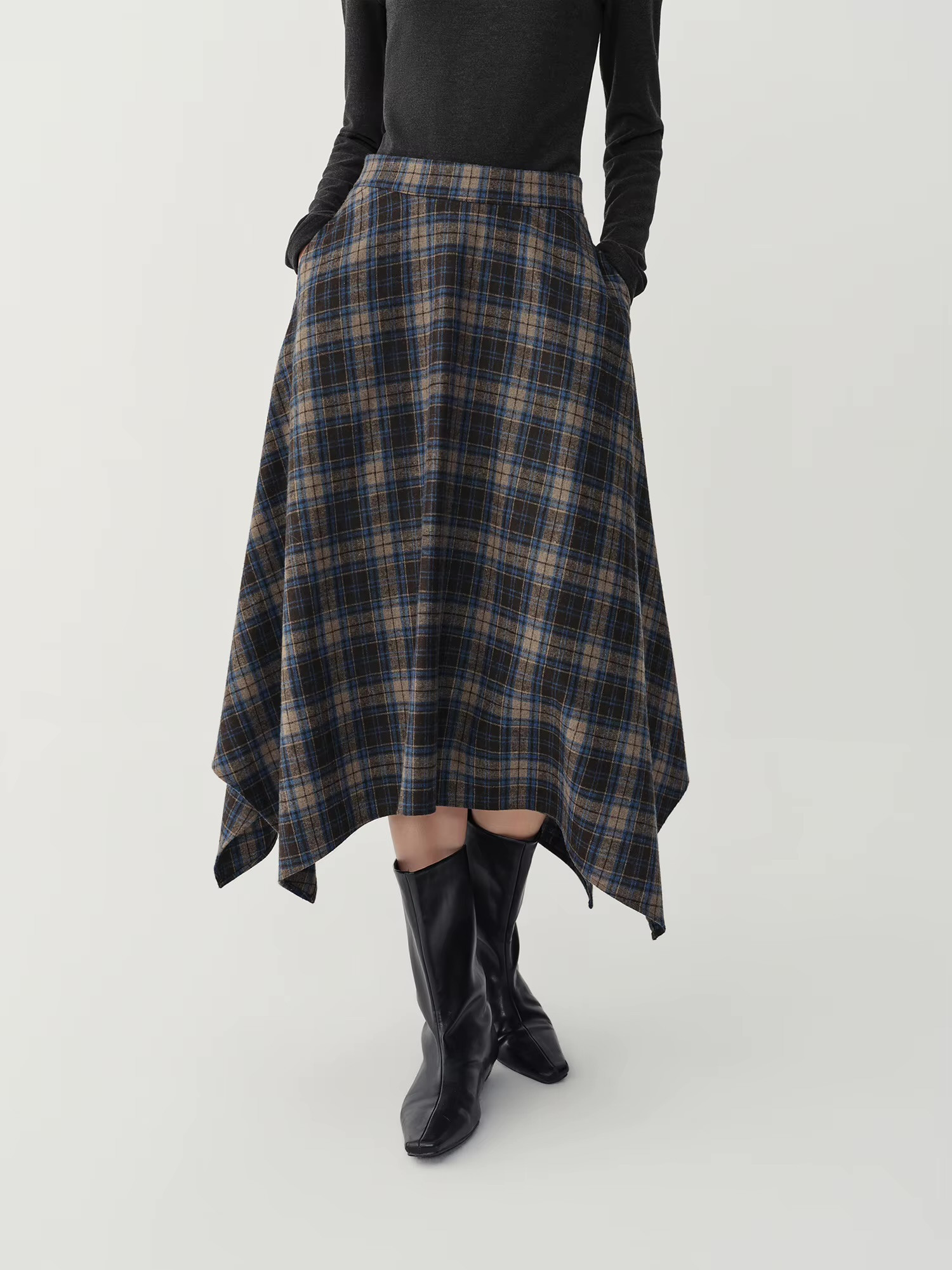 Women’s woman womens petite-, tall-, plus-, size Casual Fall Autumn Winter loose classic Vintage style Female pleated high rise waist empire waistline irregular hem checkered pleats midi skirt Fashion skirts in blue with brown accent colors